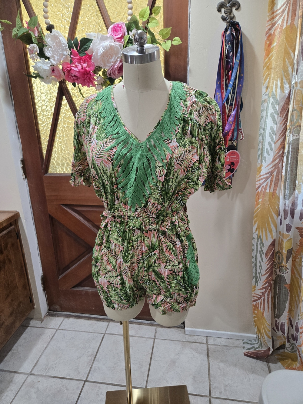 Green Tropical V-Neck Romper with Crochet Detail